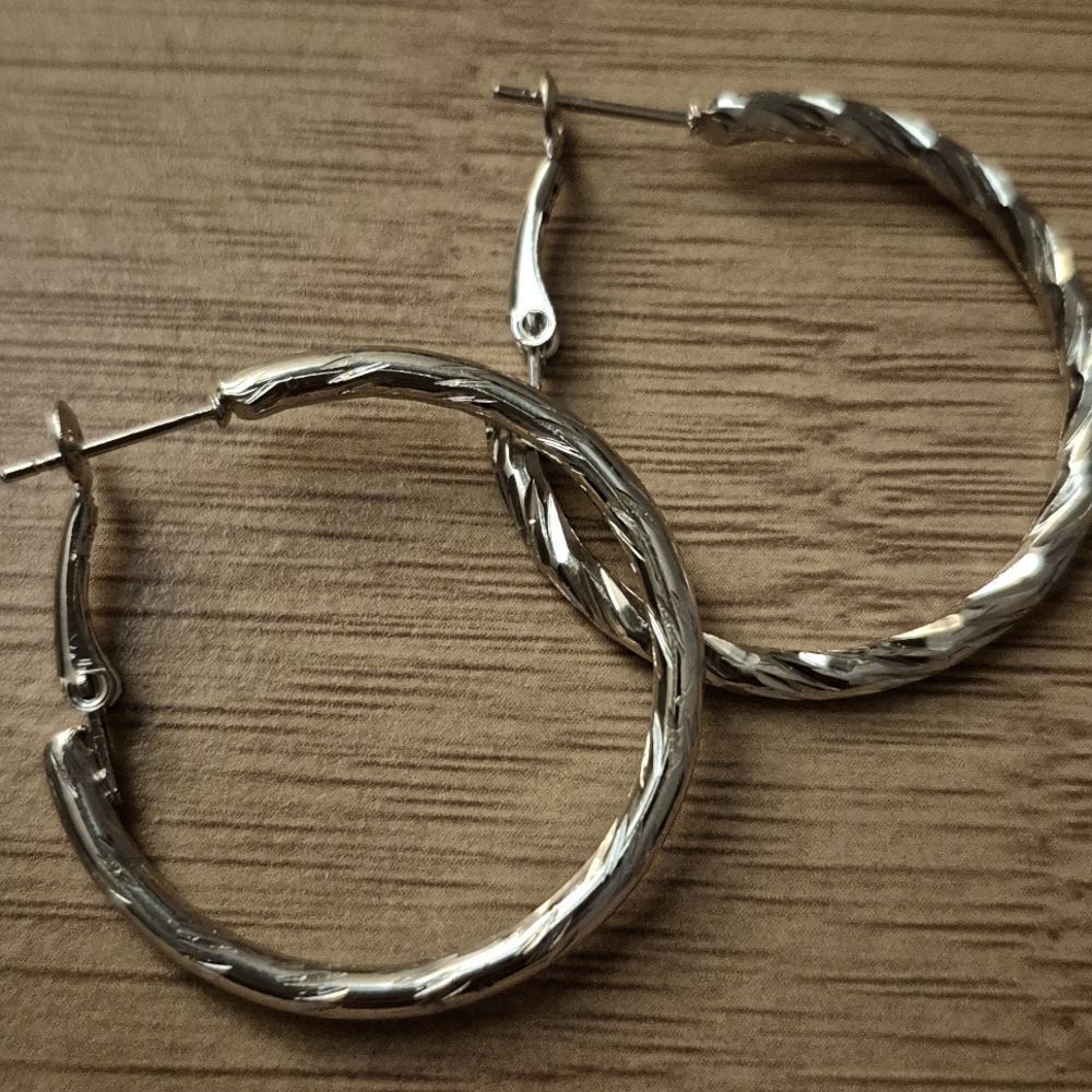 Etched Silver Tone Hoop Earrings 2 Inch